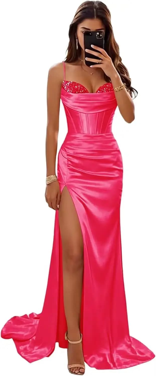 Robes de bal en satin pour femmes 2026, style sirène à sequins, fendues, longues, pour soirée formel