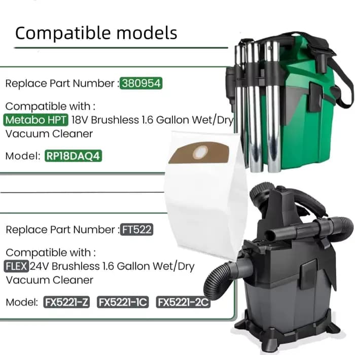 Sac de rechange pour aspirateurs sans fil humides et secs FLEX 24V Brushless et Metabo HPT 18V 1,6 gallon, compatible avec FT522 et 380954