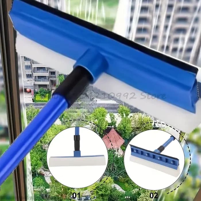 Nettoyeur de vitres télescopique 2-en-1 avec brosse éponge à long manche et raclette de nettoyage