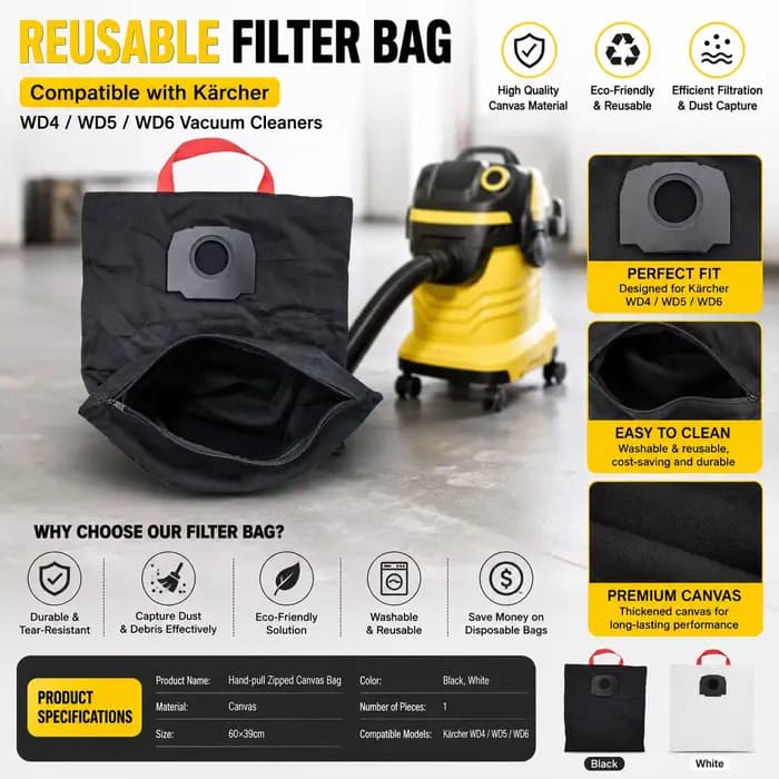 Sac filtrant en toile réutilisable pour aspirateur Karcher WD4 WD5 WD6, pochette anti-poussière lavable, pièce de rechange, accessoires pour la maison et le jardin