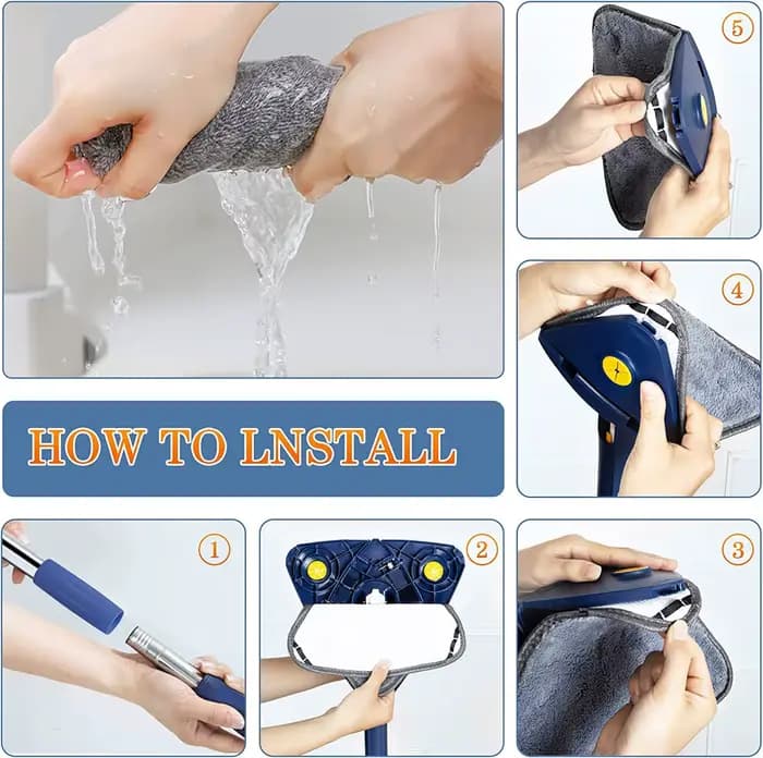 360 °   Vadrouille de nettoyage rotative et réglable, Triangle extensible, longue poignée, torsion manuelle, multifonction, microfibre, nettoyage humide et sec