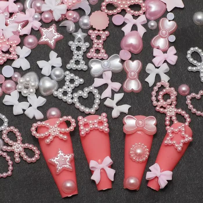 1 boîte d'accessoires pour ongles, breloque 3d en résine, nœud d'amour, pentagramme, accessoires pour ongles, mélange de perles creuses en résine rose et blanche pour manucure