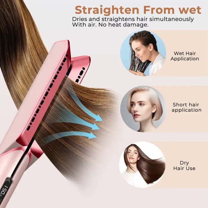 Lisseur et sèche-cheveux 2 en 1, lisseur à ions négatifs, utilisation sur cheveux secs et humides, moteur sans balais haute vitesse, brosse lissante