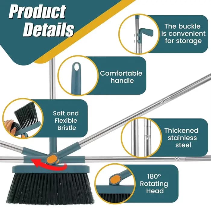 Nouvel ensemble balayette et pelle à long manche rotatif - Outil de nettoyage efficace pour sols avec grattoir à dents flexibles
