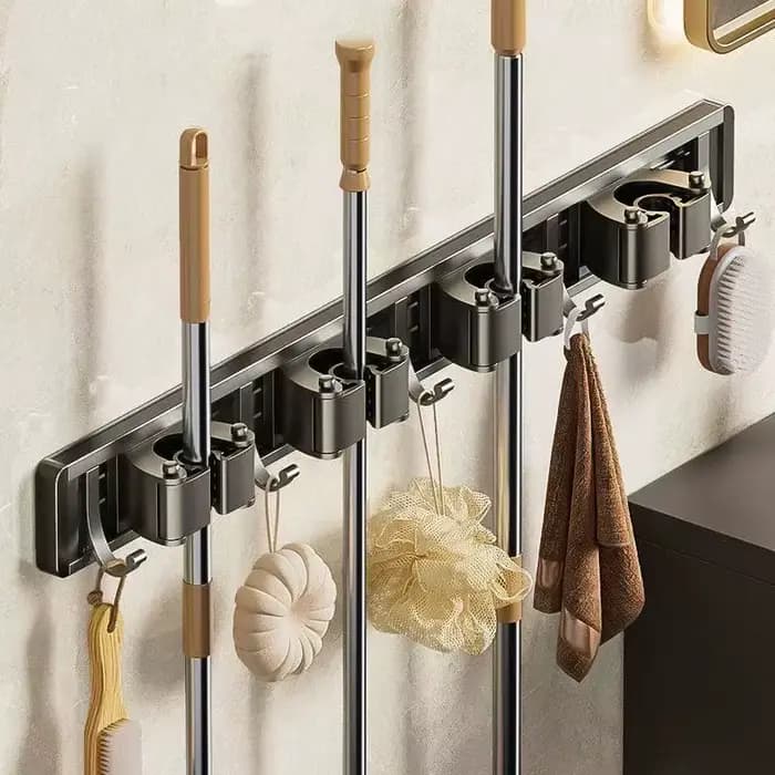 Organisateur de balais et serpillères gris anthracite avec crochets