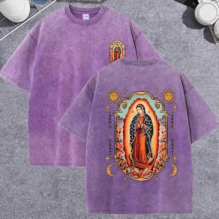 Déesse de la prière à Guadalupe imprimé lavage de neige t-shirt homme été haut décontracté ample lavé T-Shirts coton à manches courtes