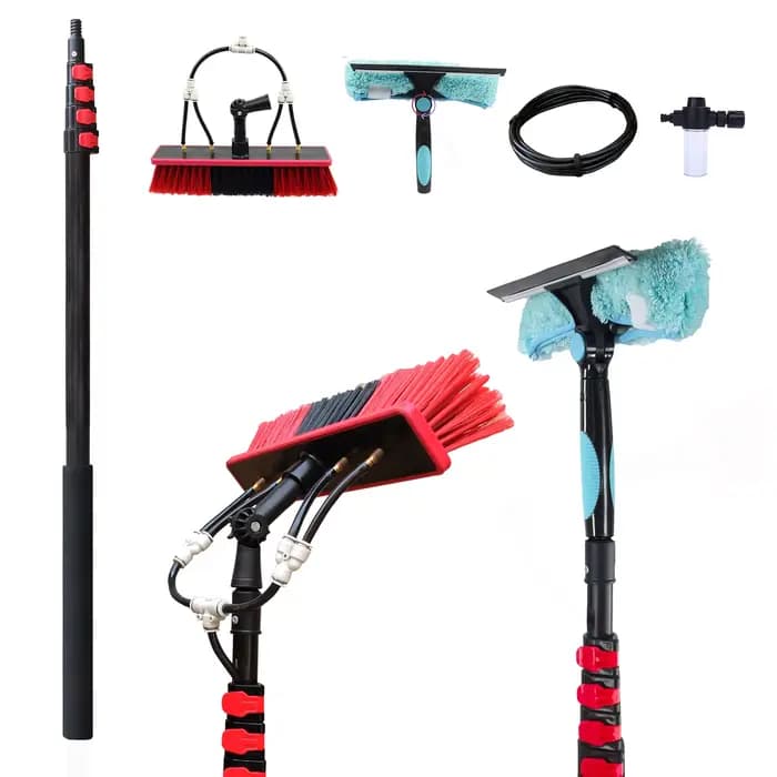 Brosse télescopique de 12/15 pieds alimentée par l'eau avec kit raclette, outil de nettoyage de fenê