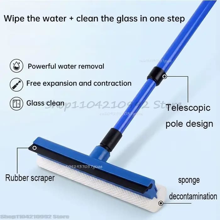 Nettoyeur de vitres télescopique 2-en-1 avec brosse éponge à long manche et raclette de nettoyage