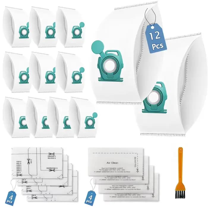 12 sacs d'aspirateur + 4 filtres moteur + 4 filtres d'évacuation + 1 brosse de nettoyage pour aspira