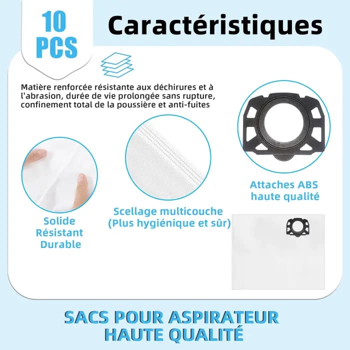 Lot de 5/10 sacs pour aspirateur KFI 357 pour Kärcher WD3s WD 3 V-17/4/20 2.863-314.0 WD2 Plus kwd 3 KWD1-2 SE 4001
