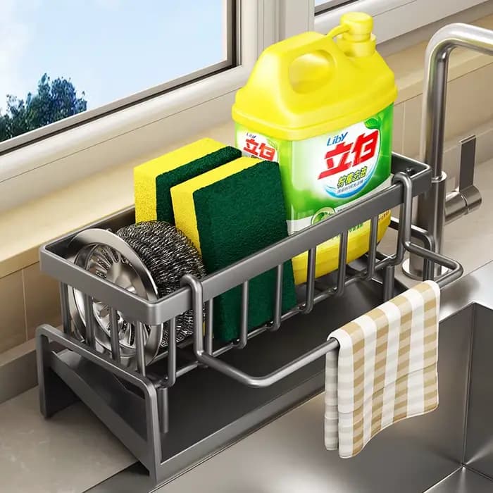 Étagère à épices compacte à fixer sur robinet – Organisateur d'évier avec égouttoir – Rangement de cuisine peu encombrant pour ustensiles/accessoires