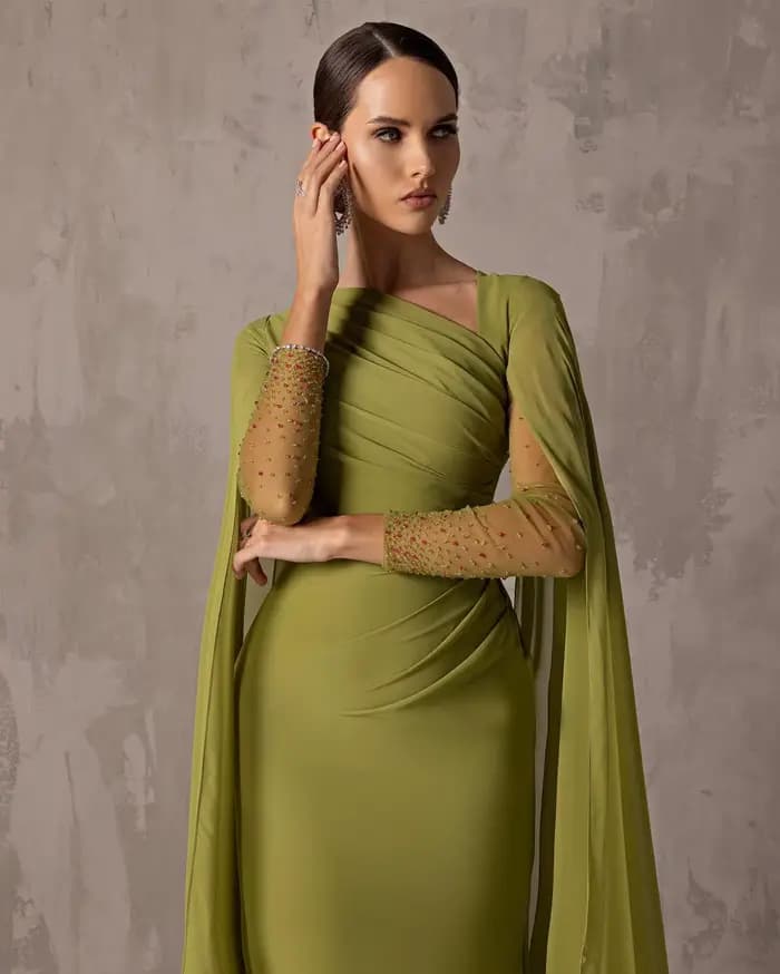 Sharon Said-Robe de Soirée Arabe en Mousseline de Soie pour Femme, Tenue de Mariage Personnalisée, Manches Cape, Vert Sauge, Asell, SF051