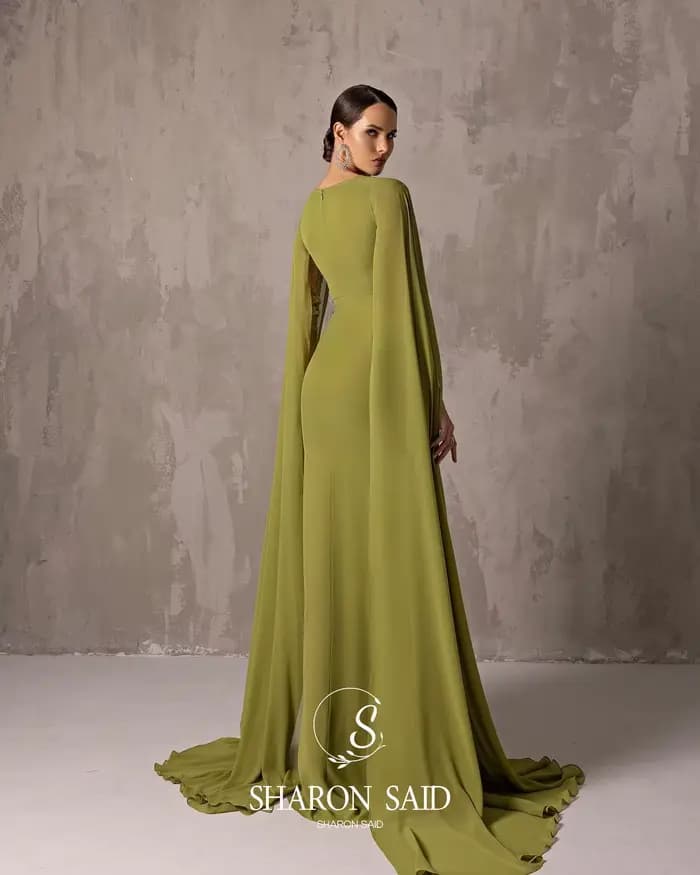 Sharon Said-Robe de Soirée Arabe en Mousseline de Soie pour Femme, Tenue de Mariage Personnalisée, Manches Cape, Vert Sauge, Asell, SF051