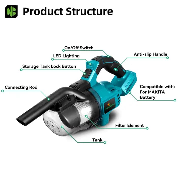 NEWBENY aspirateur électrique efficace sans fil intérieur outils de nettoyage ménager pour Makita 18-21V batterie broche