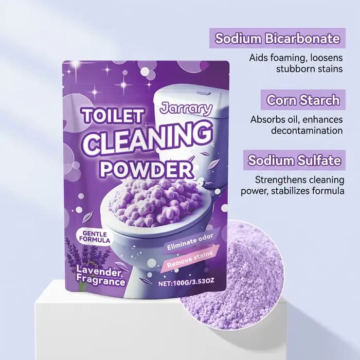 Poudre nettoyante pour cuvettes de toilettes violettes