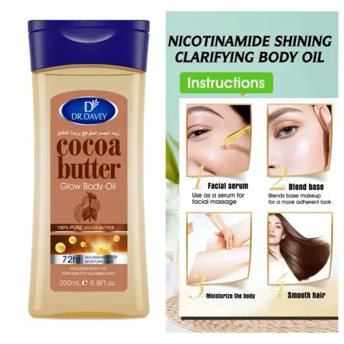 Huile corporelle au beurre de cacao, huile corporelle éclatante au beurre de cacao, huile corporelle, huile essentielle pour le soin de la peau, adaptée à tous les types de peau, huile corporelle vita