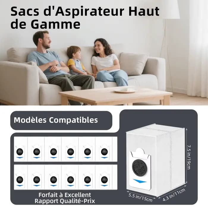 Paquet de 12 sacs à poussière compatibles uniquement avec l'aspirateur Robot complet ECOVACS DEEBOT X2 COMBO / T30S