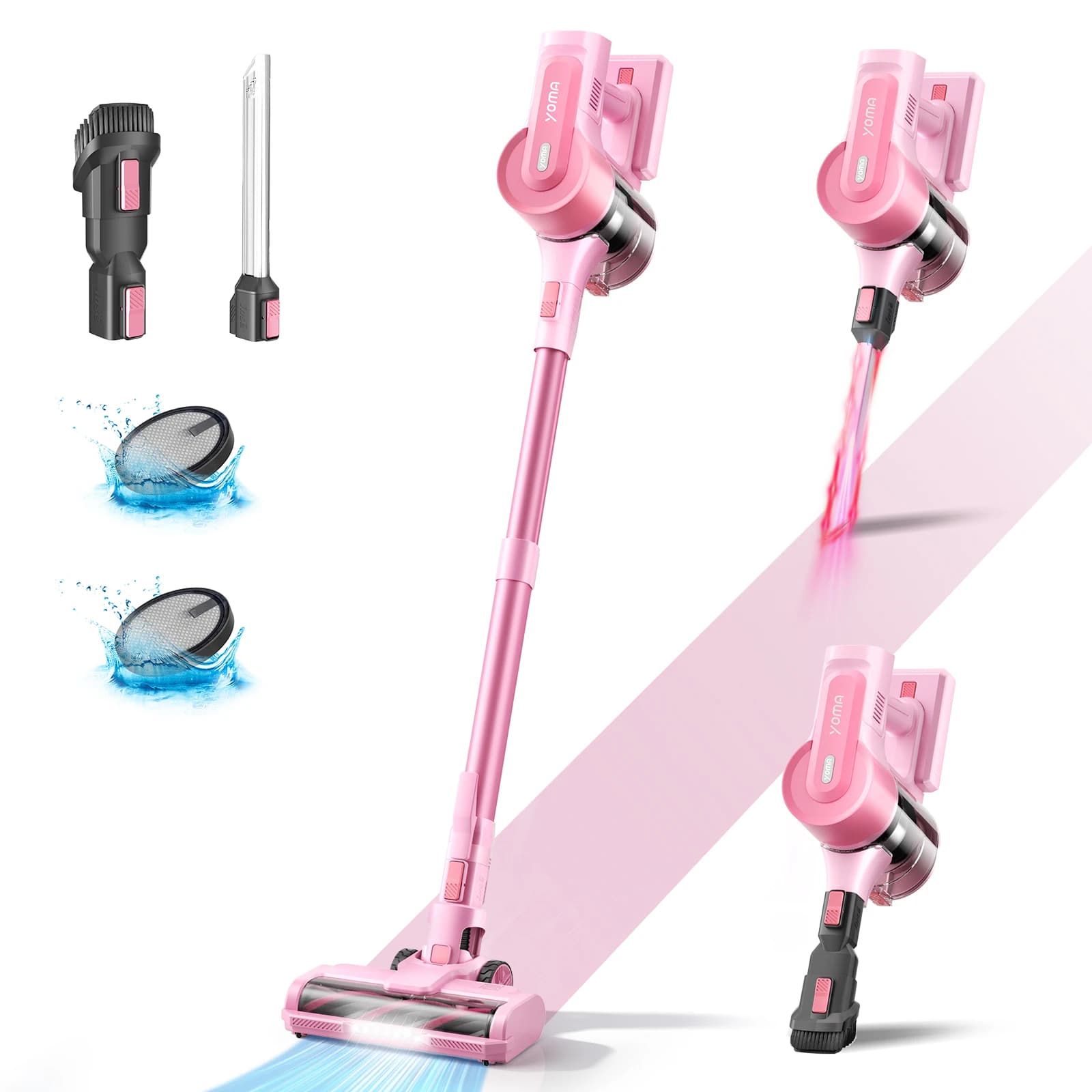 YOMA-Aspirateur balai sans fil, aspirateur sans fil, déterminer les poils d'animaux, sol dur, rose,