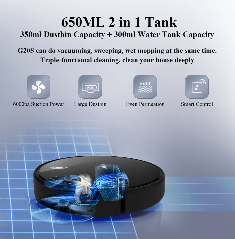 Aspirateur robot ABIR G20S, Navigation sur carte IA, partition super intelligente, avec mémoire,app 