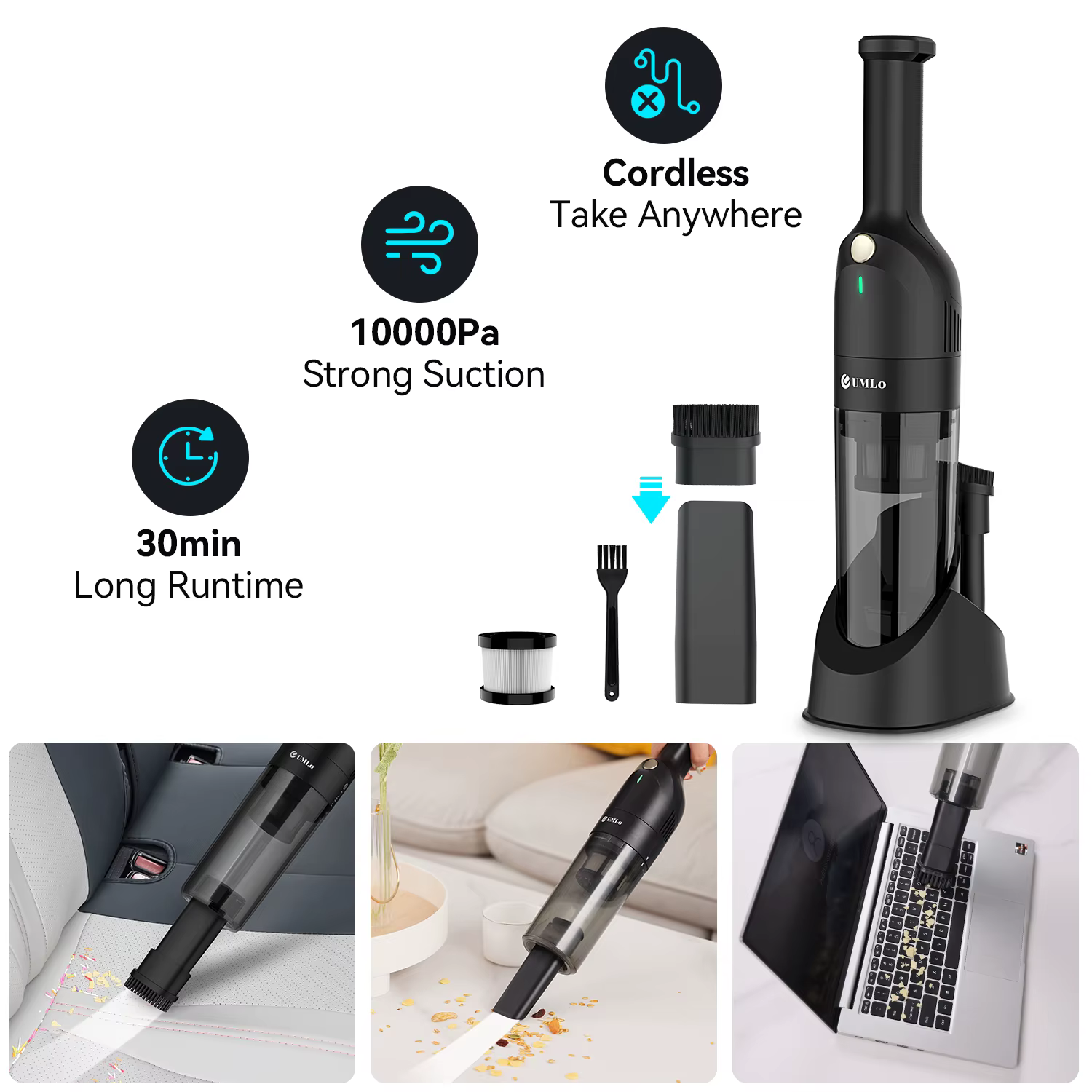 UMLo Petit aspirateur à main, aspirateur de voiture rechargeable avec 30 minutes d'autonomie, aspira
