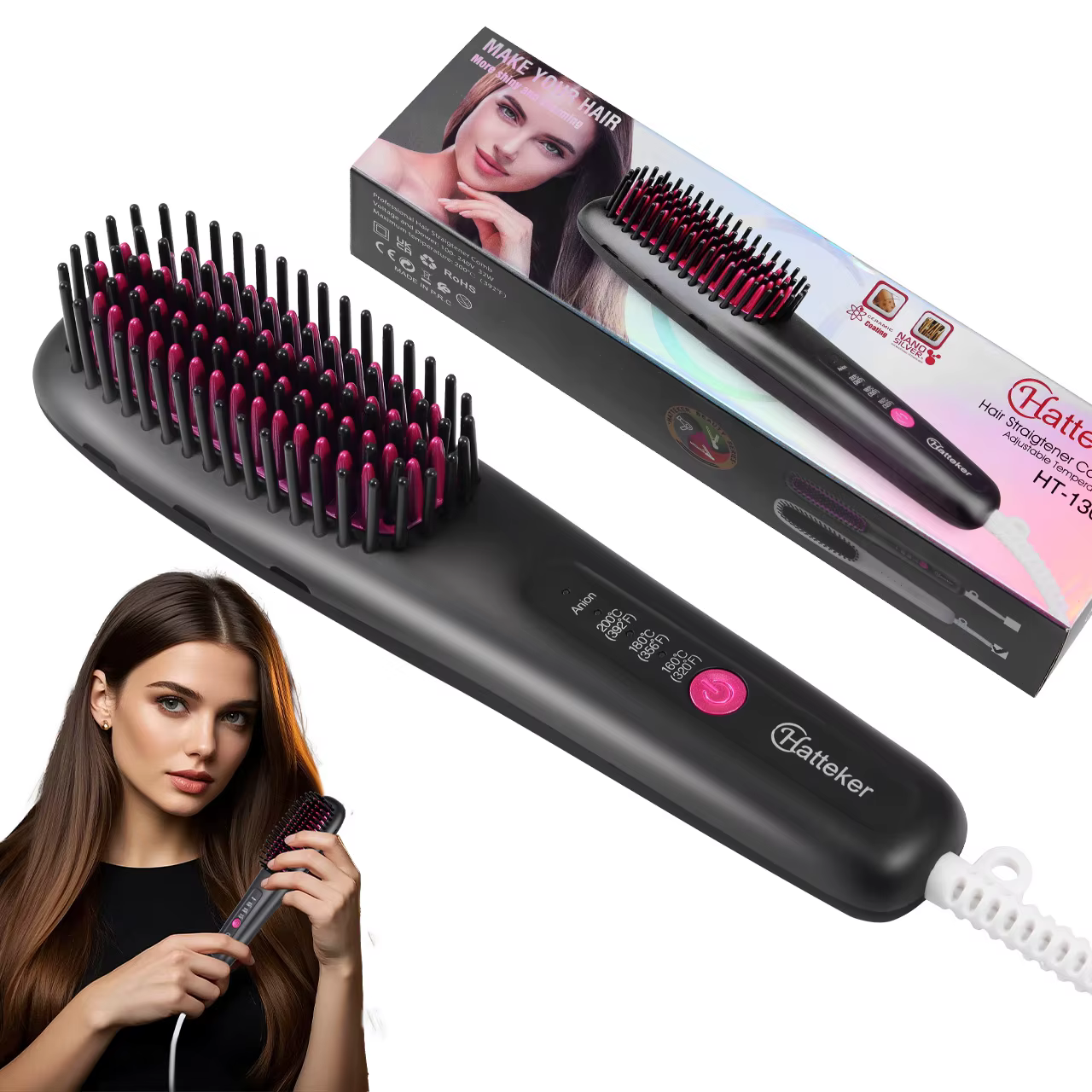 Brosse à lisser les cheveux, lisseur Portable à ions négatifs pour la maison, avec réglages multi-ch
