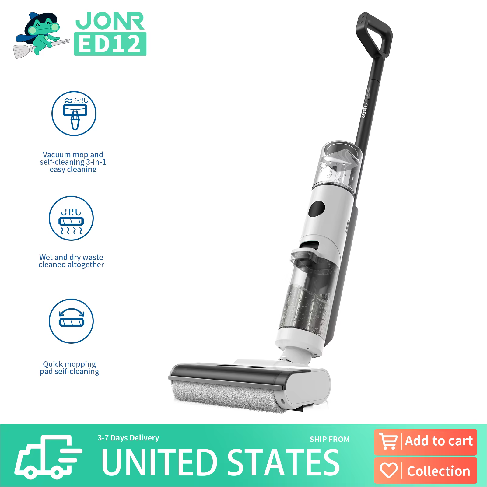 JONR ED12-Aspirateur Intelligent Sans Fil à Sec, Nettoyeur de Sol/Vadrouille à Eau