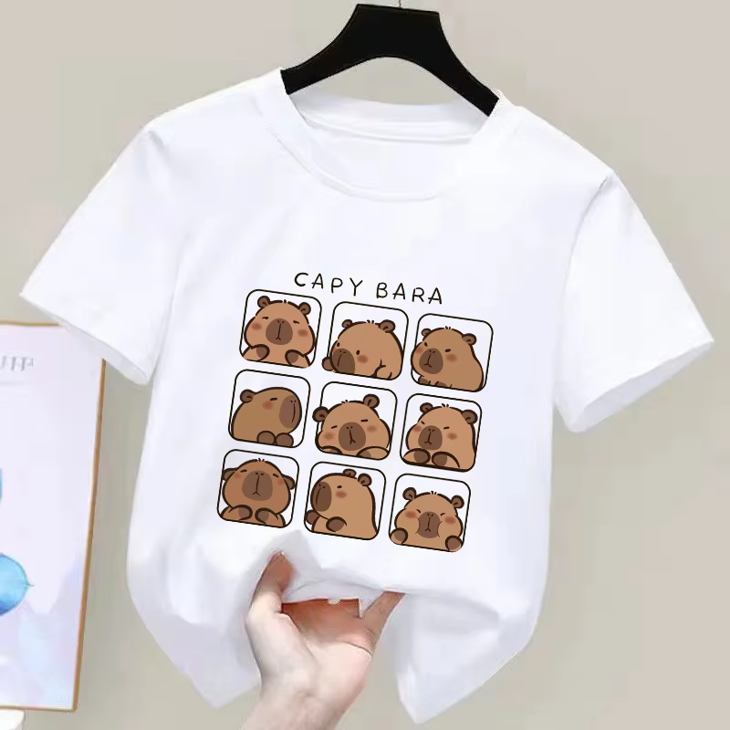 T-shirt d'été pour enfants Capybara, imprimé dessin animé, 100% coton, manches courtes, col rond, ha