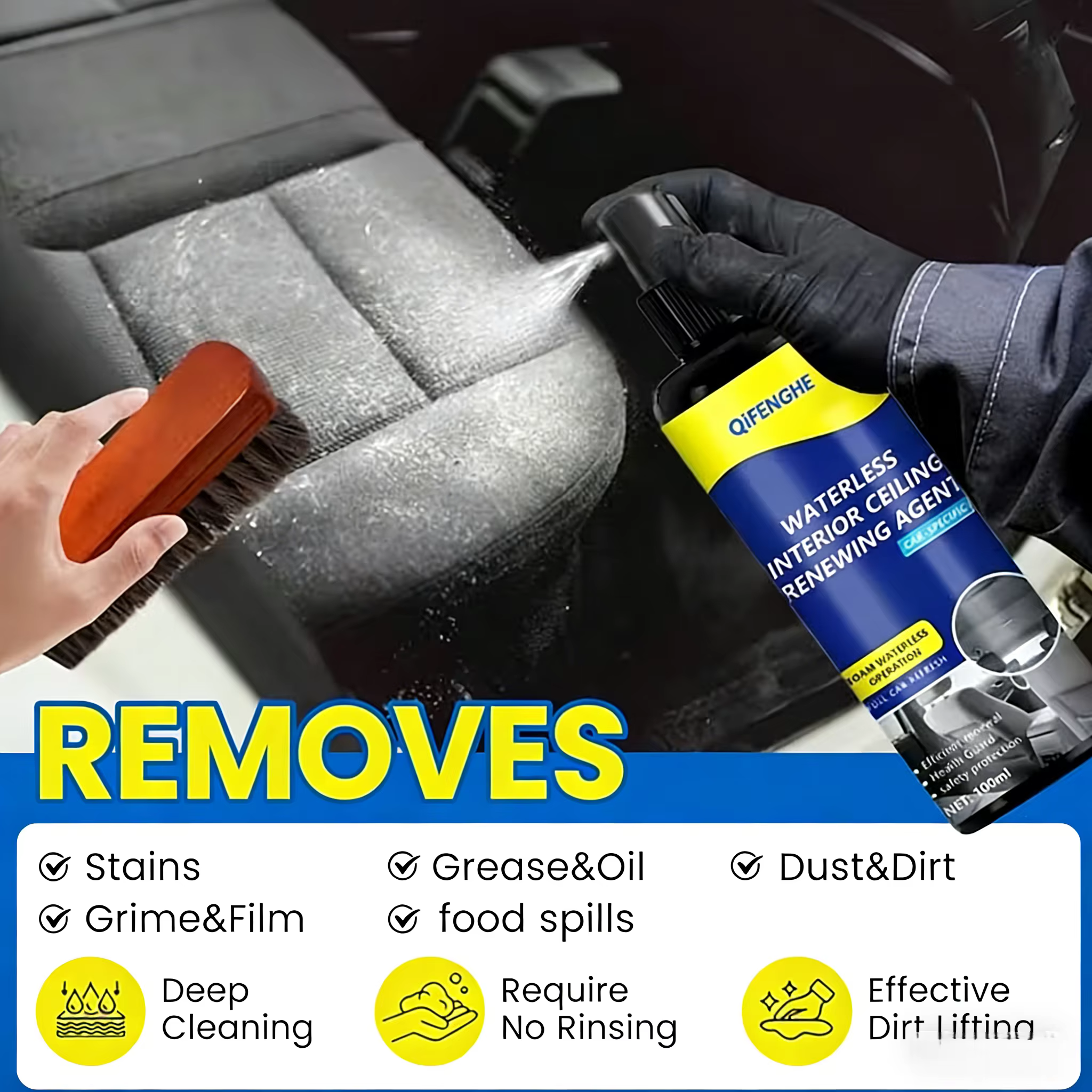 Nettoyant intérieur pour voiture, soin de polissage des sièges, élimination des taches sans rinçage,