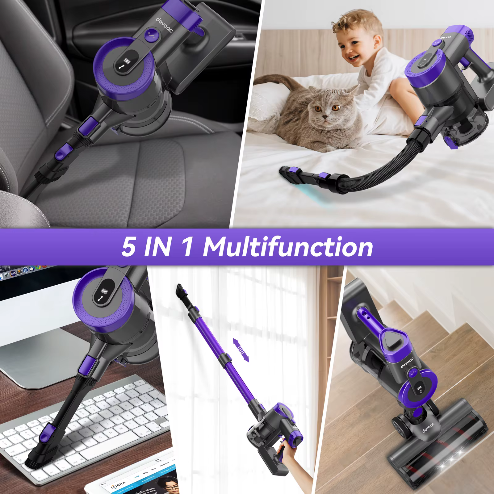 DEVOAC-Aspirateur sans fil V90, aspirateur à anciers ultra-léger 6 en 1, moteur 365W, 28KPa, détermi