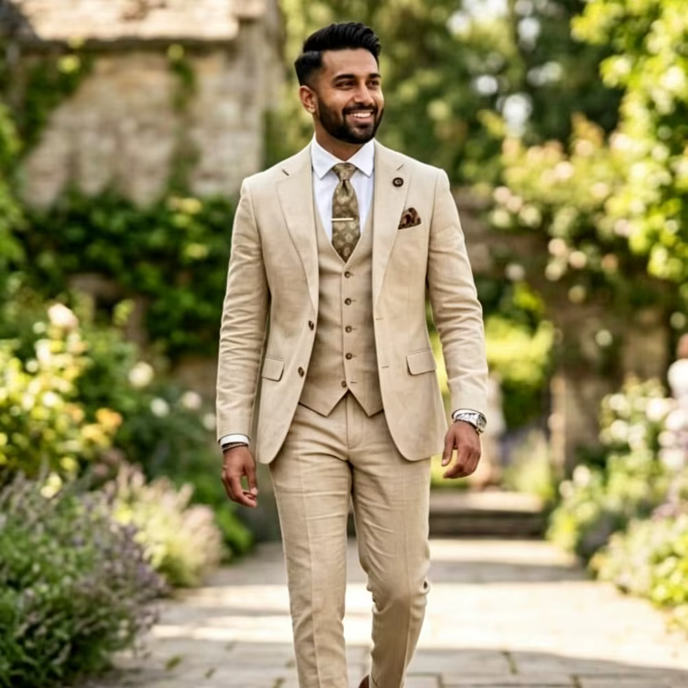 Costumes de mariage vert sauge pour hommes, costumes d'été en lin pour hommes, ensemble 3 pièces sli