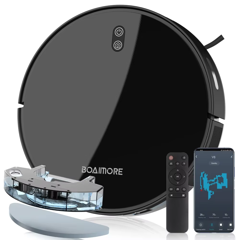 Robot aspirateur combiné serpillière, aspiration robotisée 6000PA, contrôle WiFi/voix, recharge auto