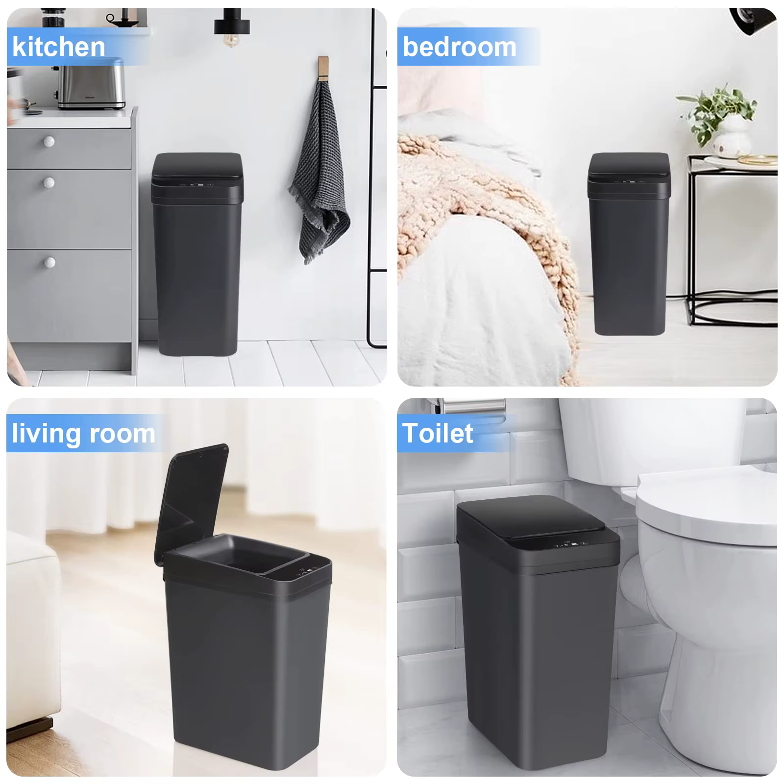 Poubelle sans contact pour salle de bain, poubelle activée par capteur de mouvement 12L avec couverc