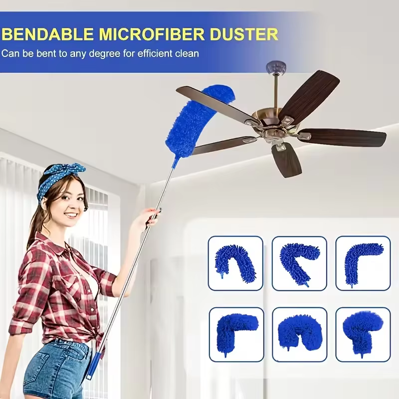 Brosse de nettoyage télescopique - Dépoussiéreur à microfibres pour fentes longues et toiles d'araignées avec tête
