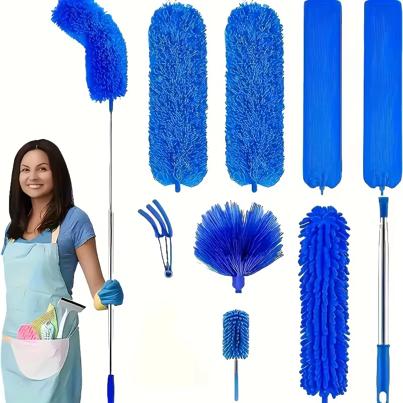 Brosse de nettoyage télescopique - Dépoussiéreur à microfibres pour fentes longues et toiles d'araignées avec tête