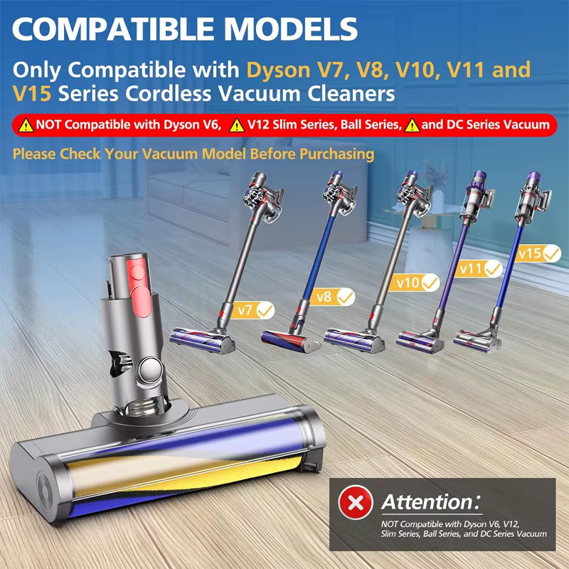 Tête de brosse souple améliorée pour aspirateurs sans fil Dyson V7 V8 V10 V11 V15 V10 Slim avec lumière LED verte pour la maison