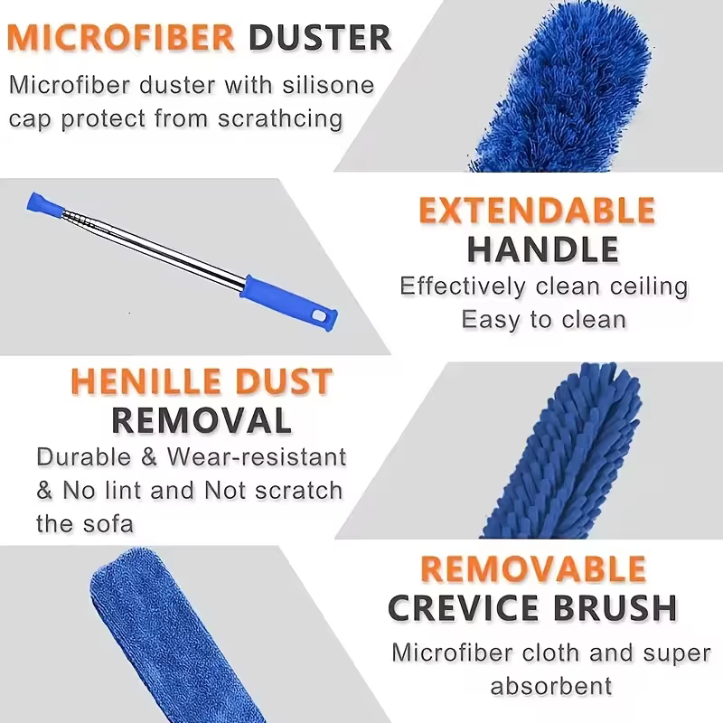 Brosse de nettoyage télescopique - Dépoussiéreur à microfibres pour fentes longues et toiles d'araignées avec tête