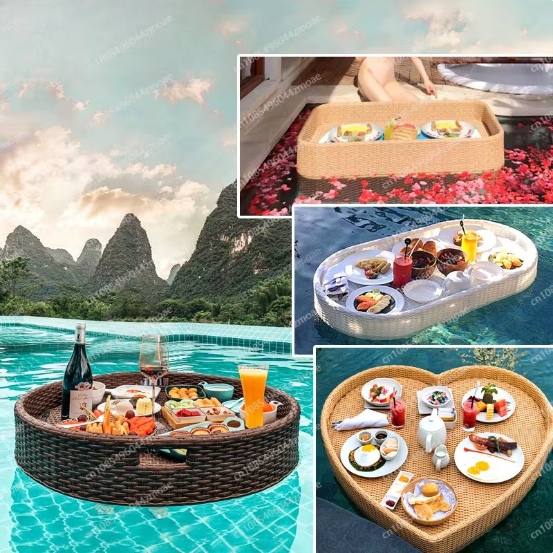 Plateau flottant rond en rotin Bali Vietnam, panier de style influenceur pour B&B, piscine, assiette de service, plage