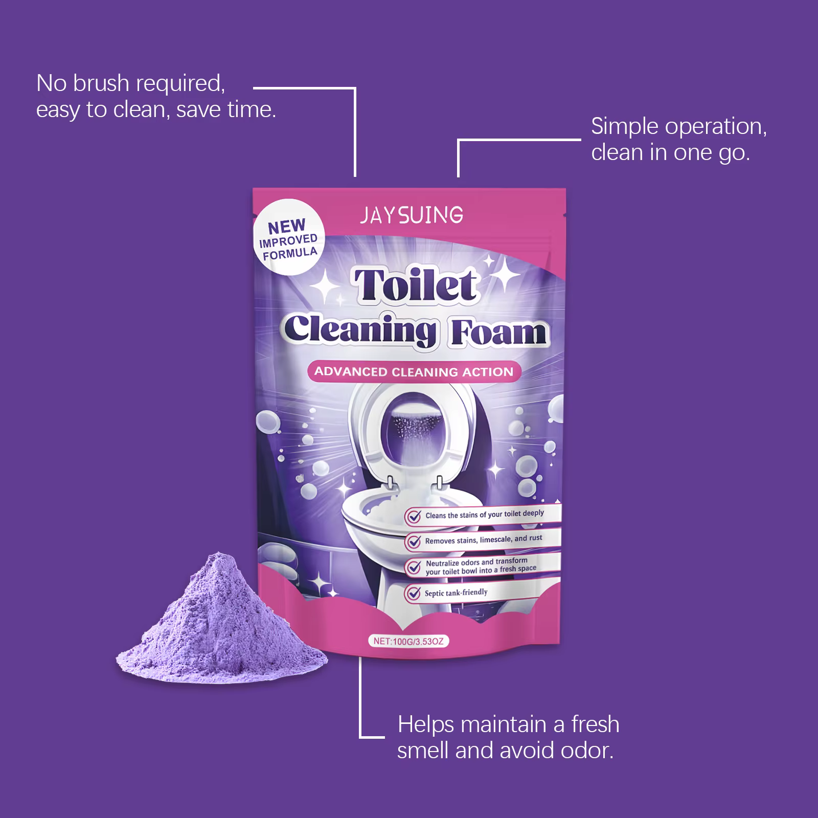 Poudre nettoyante décontaminante pour toilettes, élimine efficacement la saleté tenace, mousse nettoyante pour cuvettes de toilettes, élimine les odeurs sans résidus