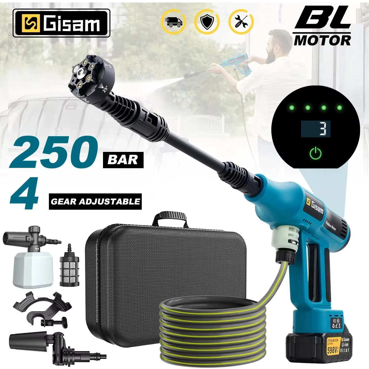 Pistolet de lavage haute pression électrique sans balais Gisam 250 bars, 4 vitesses, pour le lavage domestique et automobile, compatible avec batterie Makita 18V