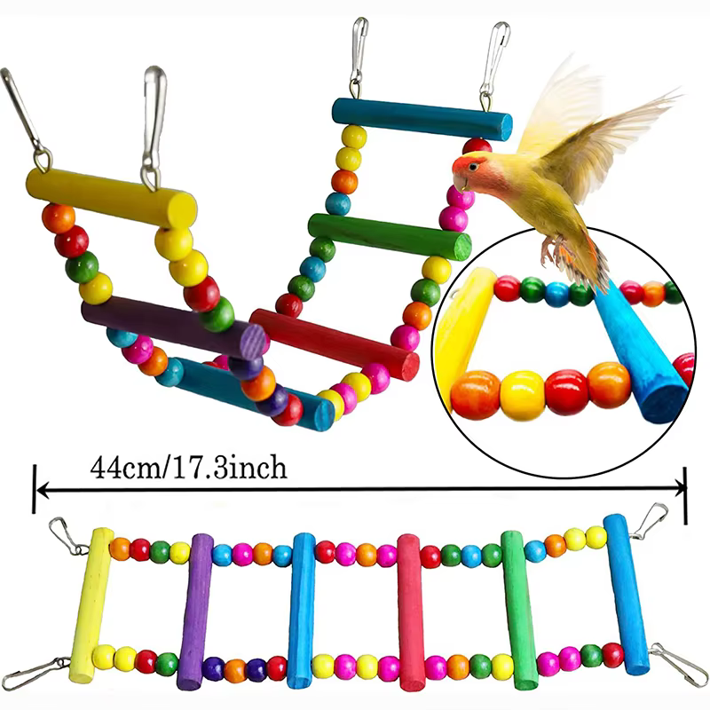 Ensemble de jouets pour perroquets en bois, 7 pièces, Cage, accessoires pour oiseaux, pont à Suspension, cloches, fournitures pour animaux de compagnie