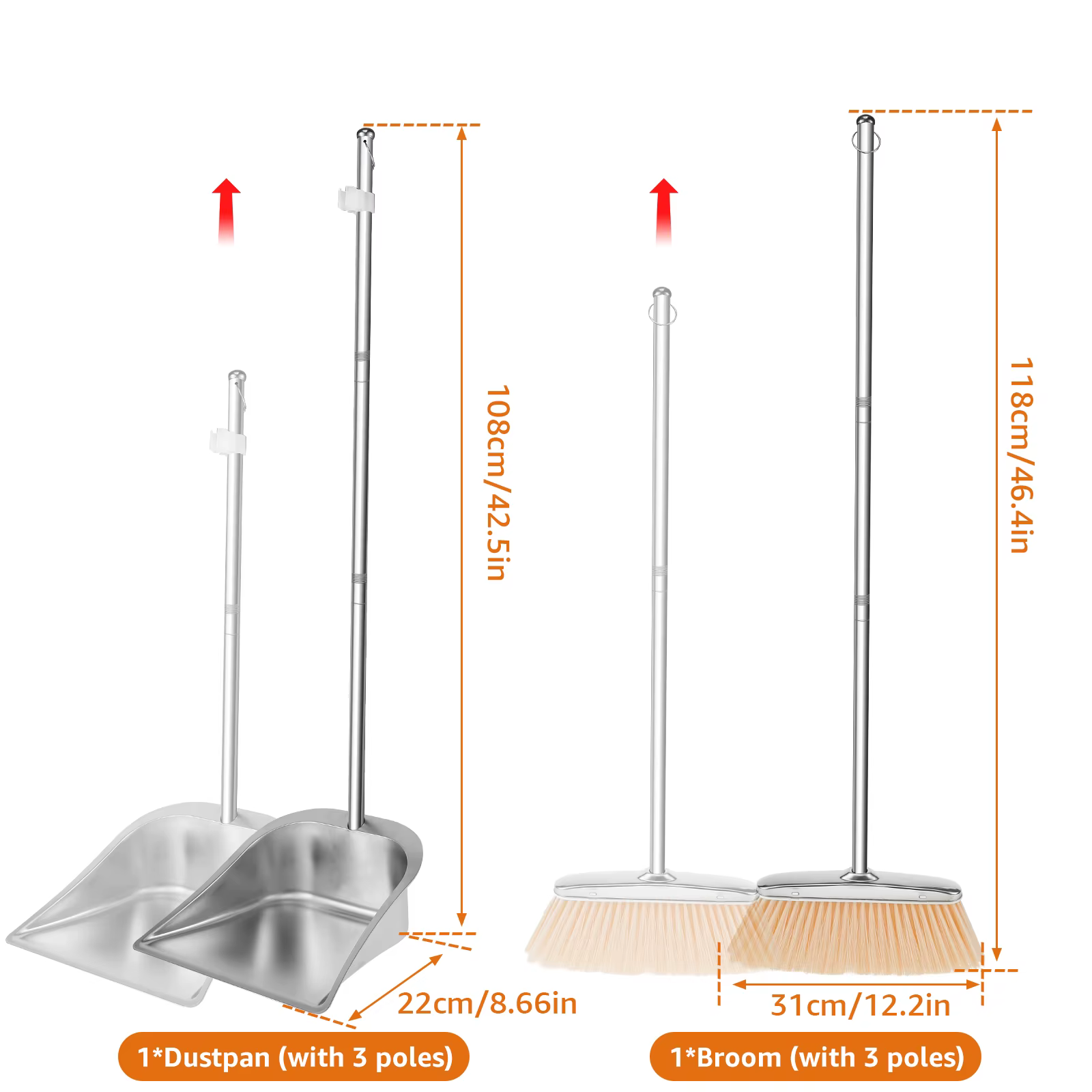 Ensemble balai et pelle à poussière en acier inoxydable