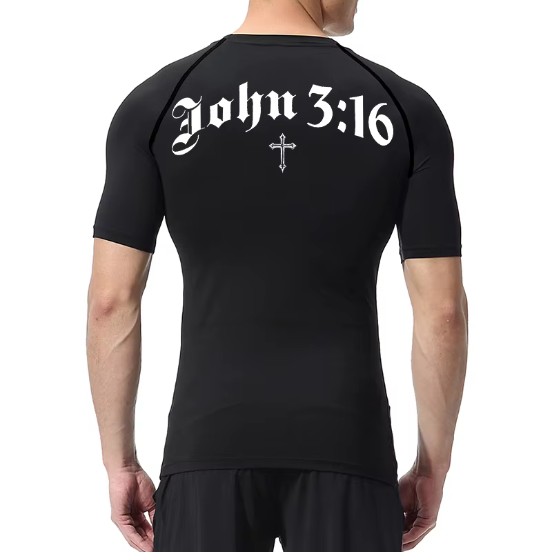 Chemise de compression imprimée croix biblique pour hommes, t-shirt de course, d'entraînement de gymnastique chrétienne, t-shirts athlétiques à séchage rapide, couches de base