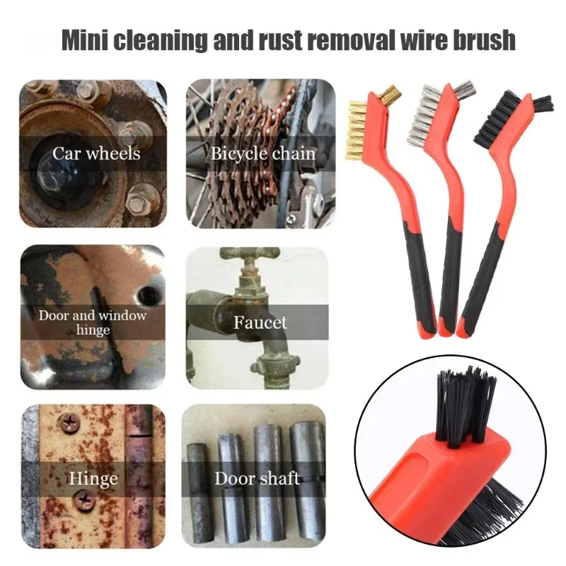 Jeu de brosses métalliques, poils en Nylon/laiton/acier inoxydable avec poignée incurvée pour la rouille, la saleté et la peinture, nettoyage en profondeur