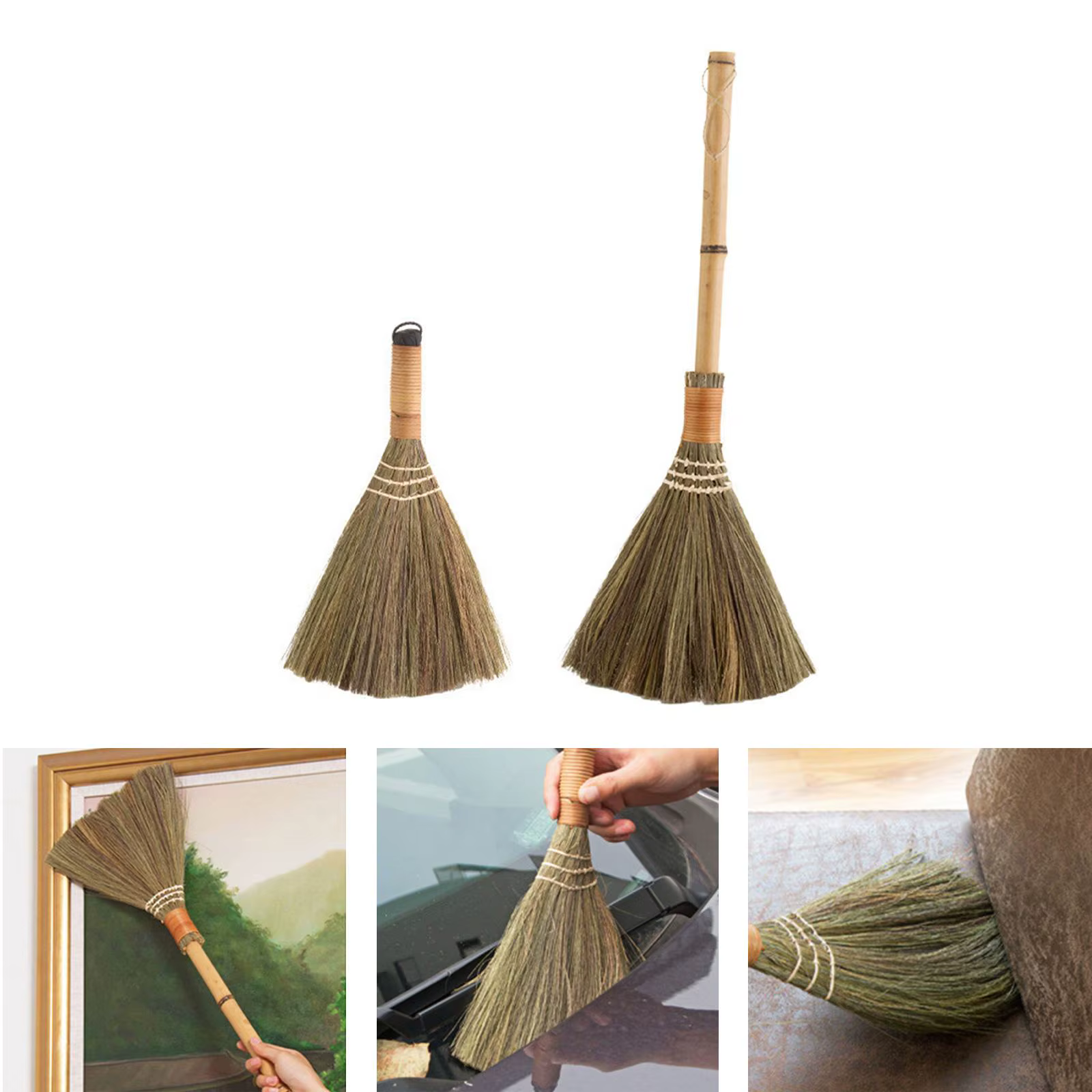 Brosse de nettoyage compacte décorative en bambou et paille, balai traditionnel doux pour intérieur et extérieur