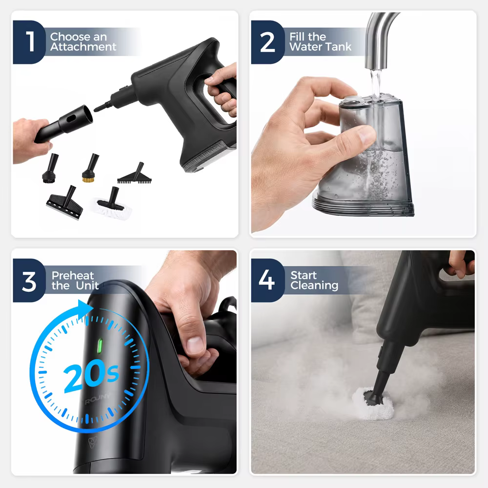 Nettoyeur vapeur léger, préchauffage rapide en 20 secondes, 135 ° Nettoyeur vapeur haute température C, câble de 5 m, réservoir amovible de 300 ml avec outils multifonctions