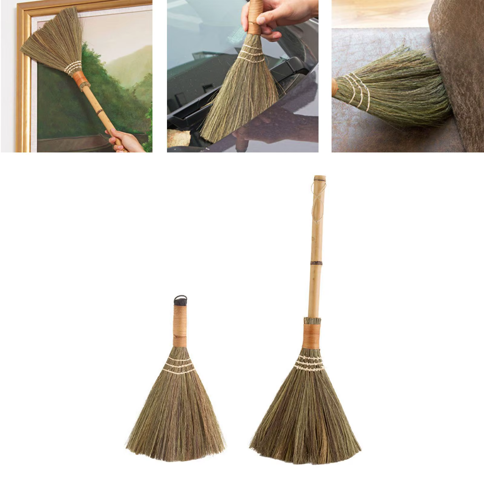 Brosse de nettoyage compacte décorative en bambou et paille, balai traditionnel doux pour intérieur et extérieur