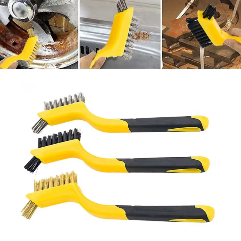 Jeu de brosses métalliques, poils en Nylon/laiton/acier inoxydable avec poignée incurvée pour la rouille, la saleté et la peinture, nettoyage en profondeur