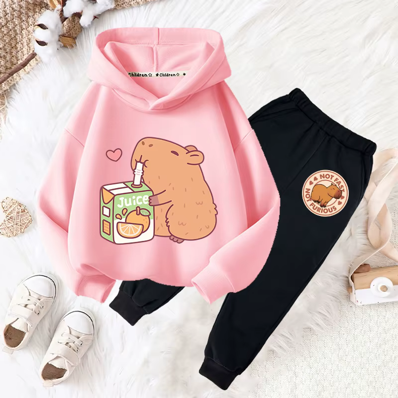 Capybara boisson bulle thé amusant imprimé filles ensemble de mode enfants automne et hiver décontracté confortable sweat à capuche chaud + pantalon ensemble deux pièces