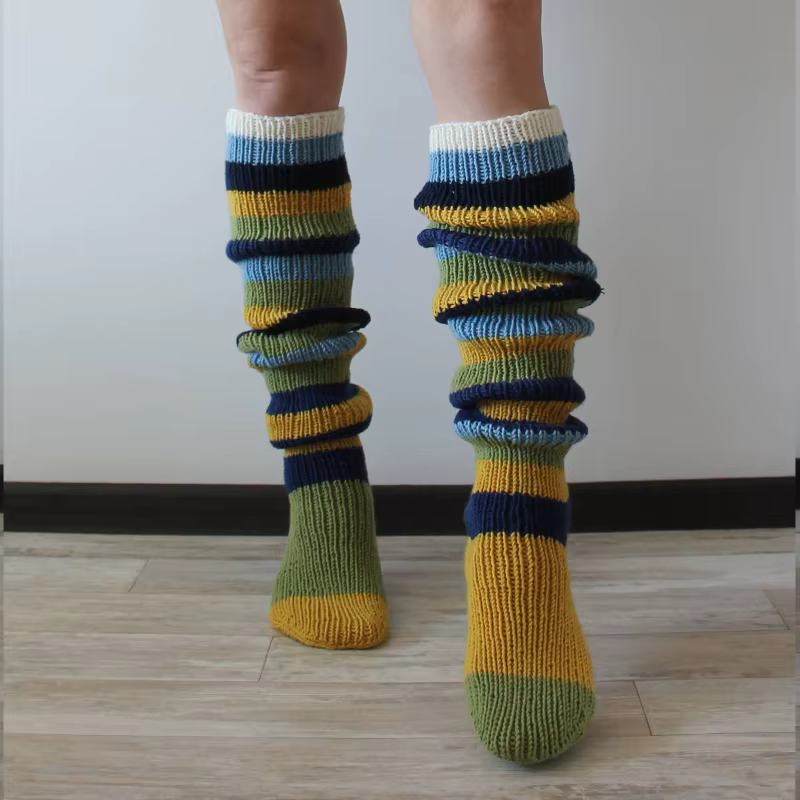 Chaussettes hautes vintage pour femmes, jambières souples, chaussettes au-dessus du genou, bas longs, bonneterie, rayures colorées, hiver