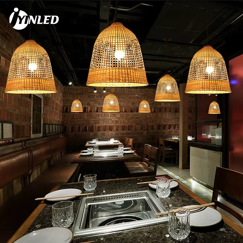 Plafonnier LED Rond en Rotin Tissé à la Main de 40cm, Éclairage Suspendu en Bambou, Vintage, pour Restaurant, 73Art